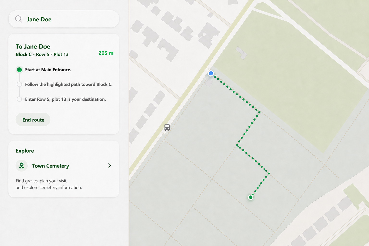 GraveGuide desktop route preview showing directions to Jane Doe in Town Cemetery