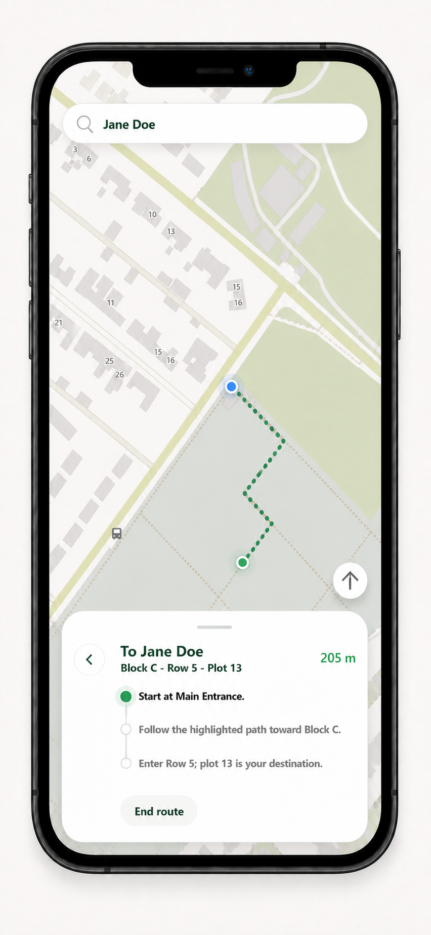 GraveGuide mobile route preview showing directions to Jane Doe in Town Cemetery